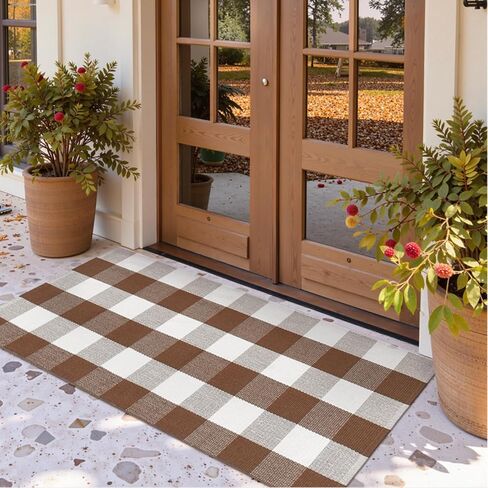 Uphome Bufflo Plaid Outdoor Prug 2'x4.3 '، حصيرة الباب الأمامي البني المتقلب لديكور الخريف ، سجادة شرفة قطنية داخلية في الهواء الطلق لمحصيرات الأبواب ذات الطبقات ، عداء السجاد القابل للغسل لدجال الفناء in Kuwait