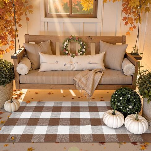 Uphome Bufflo Plaid Outdoor Prug 2'x4.3 '، حصيرة الباب الأمامي البني المتقلب لديكور الخريف ، سجادة شرفة قطنية داخلية في الهواء الطلق لمحصيرات الأبواب ذات الطبقات ، عداء السجاد القابل للغسل لدجال الفناء in Kuwait