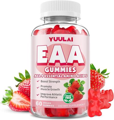حزمة من 2 eaa gummies ، والأحماض الأمينية الأساسية - جميع الأمينوس 9 الأساسيات (EAA) وجميع الأمينوس المتفرعة (BCAAs) لاستعادة العضلات ، دعم الطاقة ، نكهة الفراولة ، 120 عدد in Kuwait