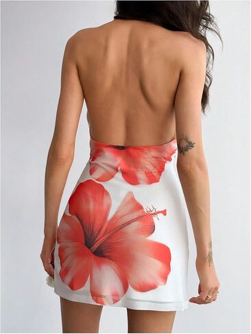 Milumia Women's Floral Mesh Halter Mini Dress Sexy Deep V DEAC NECK BACKLOND BASH in Saudi Arabia