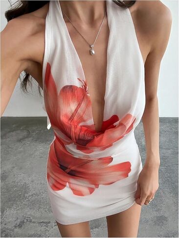 Milumia Women's Floral Mesh Halter Mini Dress Sexy Deep V DEAC NECK BACKLOND BASH in Saudi Arabia