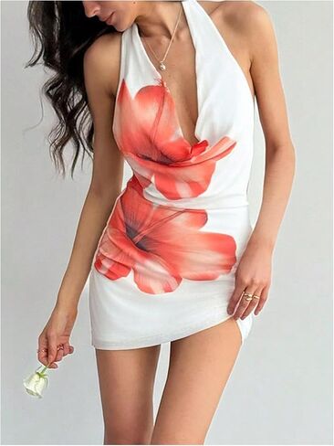 Milumia Women's Floral Mesh Halter Mini Dress Sexy Deep V DEAC NECK BACKLOND BASH in Saudi Arabia