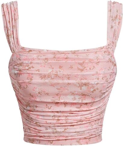 SHENHE Women's Floral Wide Strap Ruched Square Neck Cute Open Back Vacation Boho Crop Tops in Saudi Arabia