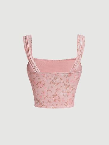 SHENHE Women's Floral Wide Strap Ruched Square Neck Cute Open Back Vacation Boho Crop Tops in Saudi Arabia