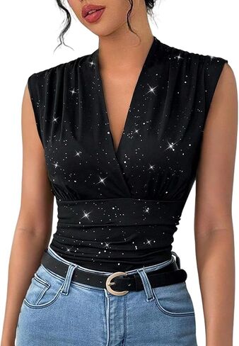 Sherrydc Women’s V Neck Sancless Tank Top Sirt Shirt Sparkly Ruched Tummy Stume Blouse Stest in Kuwait