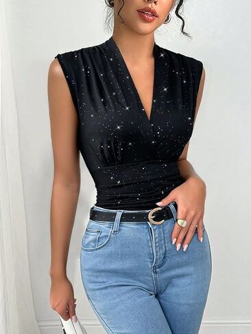 Sherrydc Women’s V Neck Sancless Tank Top Sirt Shirt Sparkly Ruched Tummy Stume Blouse Stest in Kuwait