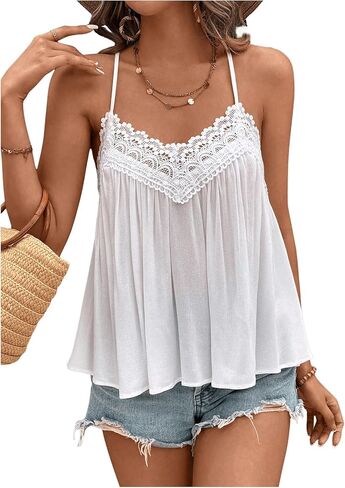 Makemechic Women's Guipure Lace Spaghetti Strap v Neck Cami Tops Summer Summer Camisole in Kuwait