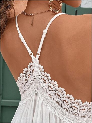 Makemechic Women's Guipure Lace Spaghetti Strap v Neck Cami Tops Summer Summer Camisole in Kuwait