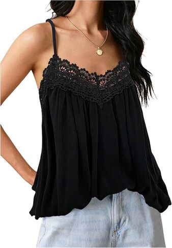 Makemechic Women's Guipure Lace Spaghetti Strap v Neck Cami Tops Summer Summer Camisole in Kuwait
