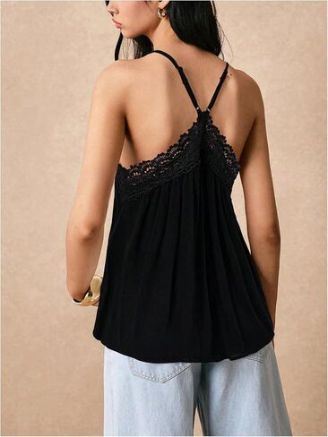 Makemechic Women's Guipure Lace Spaghetti Strap v Neck Cami Tops Summer Summer Camisole in Kuwait