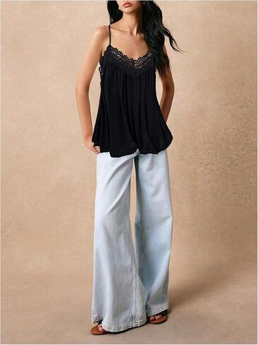 Makemechic Women's Guipure Lace Spaghetti Strap v Neck Cami Tops Summer Summer Camisole in Kuwait