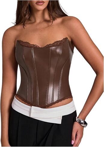 WDIRARA Women's PU Leather Corset Tube Top Lace Up Back Strapless Bandeau Bustier Crop Tops in Saudi Arabia