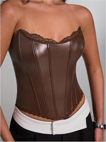 WDIRARA Women's PU Leather Corset Tube Top Lace Up Back Strapless Bandeau Bustier Crop Tops in Saudi Arabia