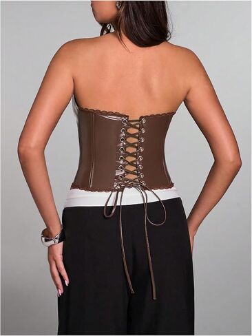 WDIRARA Women's PU Leather Corset Tube Top Lace Up Back Strapless Bandeau Bustier Crop Tops in Saudi Arabia