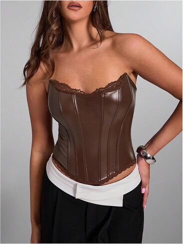 WDIRARA Women's PU Leather Corset Tube Top Lace Up Back Strapless Bandeau Bustier Crop Tops in Saudi Arabia