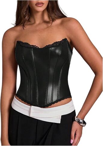 Wdirara Women's Pu Leather Corset Tube Top Lace أعلى in Kuwait