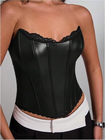 Wdirara Women's Pu Leather Corset Tube Top Lace أعلى in Kuwait