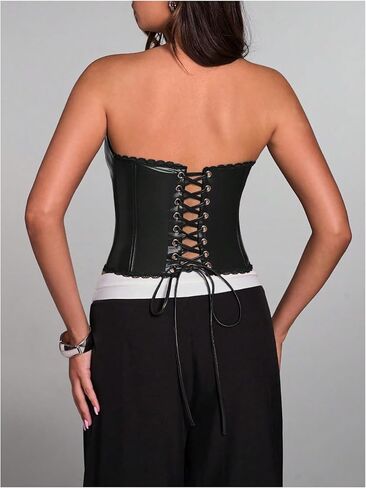 Wdirara Women's Pu Leather Corset Tube Top Lace أعلى in Kuwait