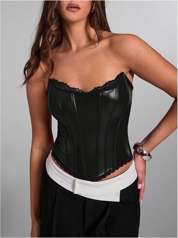 Wdirara Women's Pu Leather Corset Tube Top Lace أعلى in Kuwait