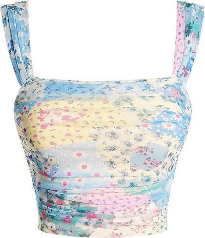 SHENHE Women's Floral Wide Strap Ruched Square Neck Cute Open Back Vacation Boho Crop Tops in Saudi Arabia