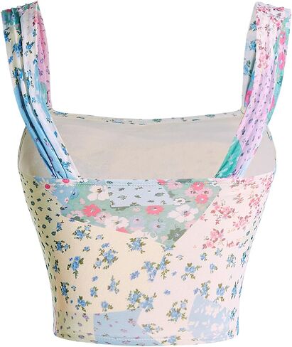 SHENHE Women's Floral Wide Strap Ruched Square Neck Cute Open Back Vacation Boho Crop Tops in Saudi Arabia
