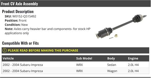 Front CV Axle Assembly - Compatible with 2002-2004 Subaru Impreza WRX 2.0L H4 in Saudi Arabia
