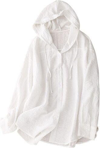 Cotton Linen Hoodies for Women Button Down Sun Protection Shirts Casual Long Sleeve Blouse Summer Vacathion Beach Top in Saudi Arabia