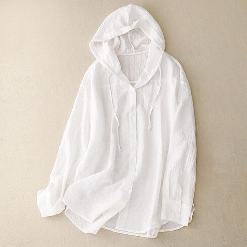 Cotton Linen Hoodies for Women Button Down Sun Protection Shirts Casual Long Sleeve Blouse Summer Vacathion Beach Top in Saudi Arabia