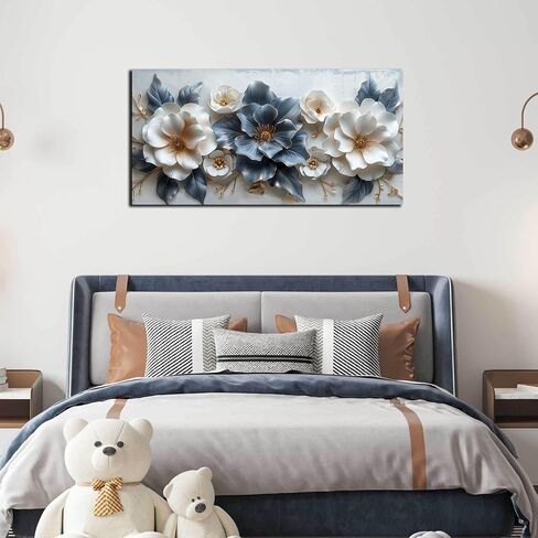 Flower Prints Wall Art for Living Room Blue and White Paintings for Wall Office Wall Decor for Bedroom Aesthetic Size 20" x 40" in Saudi Arabia