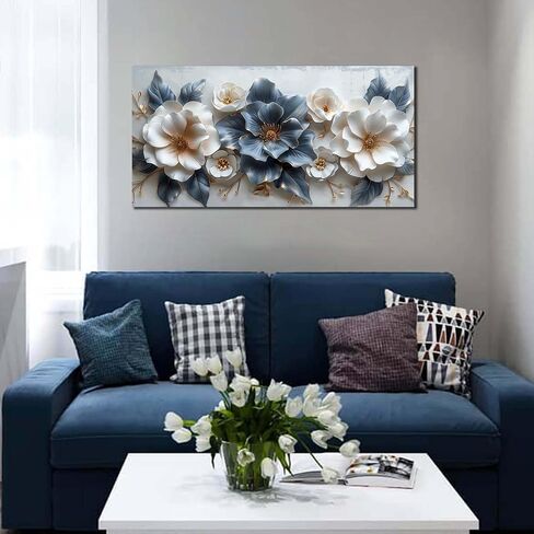 Flower Prints Wall Art for Living Room Blue and White Paintings for Wall Office Wall Decor for Bedroom Aesthetic Size 20" x 40" in Saudi Arabia