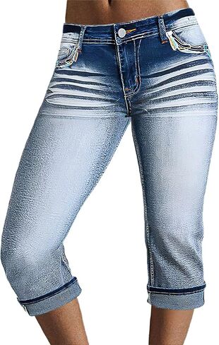 بنطال جينز نسائي من Flamingals مصنوع من قماش الكابريس الصلب متوسط ​​الارتفاع من قماش الدنيم الضيق in Kuwait