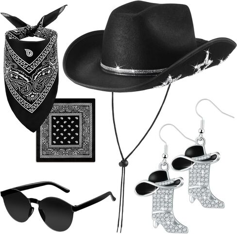 Hercicy 4 Pcs Cowgirl Costume Set with Hat Sunglasses Bandana and Earrings Star Cowboy Accessory for Women Men Cosplay Party in Saudi Arabia