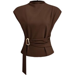 CIDER Women Tops Blouses Stand Neck Belted Short Sleeve Business T-Shirts in Saudi Arabia