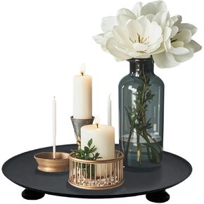11 inches Black Round Metal Candlestick Tray, Wood Foot Decorative Serving Tray, Perfume and Candle Holder Tray for Wedding Table, Dinning Table Decorations in Saudi Arabia