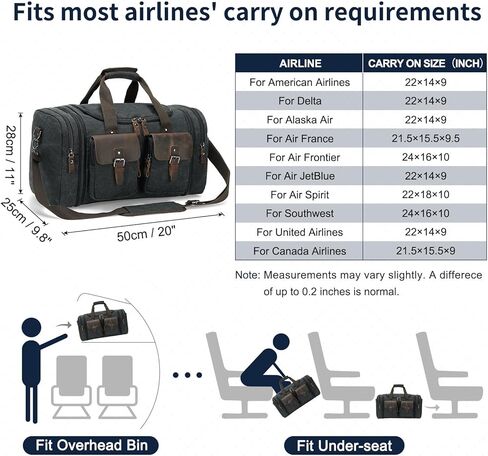 Canvas Duffle Bag with Genuine Leather Accents, Expandable 20-23 Inch Travel Weekender, Multiple Pockets, Black in Kuwait