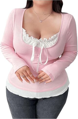 Soly Hux Women's Plus Size Size Long Sleeve Thirts 2 في 1 Tie Tie Tee Tops Tops Coquette Aesthetic Complements in Kuwait