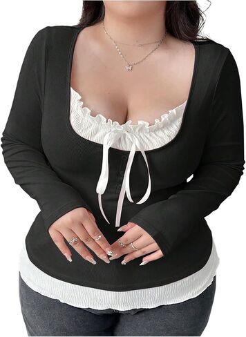 Soly Hux Women's Plus Size Size Long Sleeve Thirts 2 في 1 Tie Tie Tee Tops Tops Coquette Aesthetic Complements in Saudi Arabia