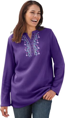 Woman Within Plus Size Embroidered Thermal Henley Tee in Kuwait