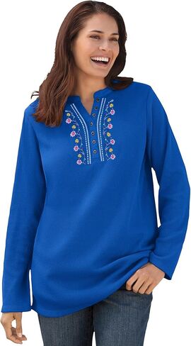 Woman Within Plus Size Embroidered Thermal Henley Tee in Saudi Arabia