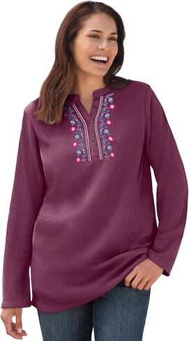 Woman Within Plus Size Embroidered Thermal Henley Tee in Kuwait