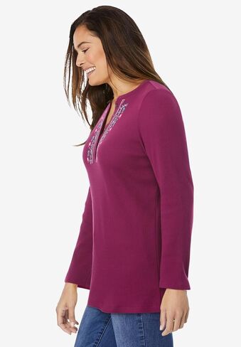 Woman Within Plus Size Embroidered Thermal Henley Tee in Kuwait