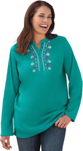 Woman Within Plus Size Embroidered Thermal Henley Tee in Kuwait