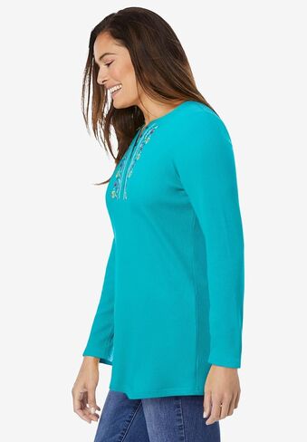 Woman Within Plus Size Embroidered Thermal Henley Tee in Kuwait