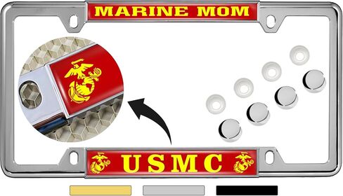[منتج US Marine Corps المرخص رسميًا - USMC Marine Mom - قبة مخصصة مخصصة مخصصة ضيقة (رقيقة) إطار لوحة الترخيص المعدنية من أعلى 4 ثقب مع أغطية حرة - إطار أسود (Qty: 1) in Saudi Arabia