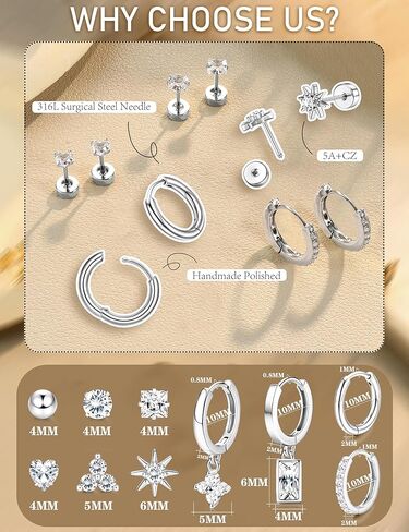 Florideco 20G Hypoallergenic Flat Back Earrings for Women Surgical Stainless Steel Cartilage Earring Sets Small Hoops Studs Trendy Earring Stack Set for Multiple Piercing in Kuwait