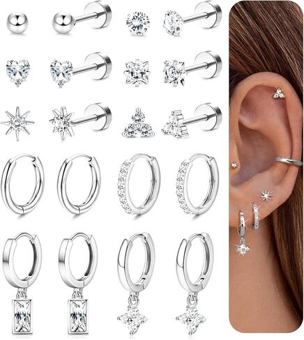 Florideco 20G Hypoallergenic Flat Back Earrings for Women Surgical Stainless Steel Cartilage Earring Sets Small Hoops Studs Trendy Earring Stack Set for Multiple Piercing in Kuwait