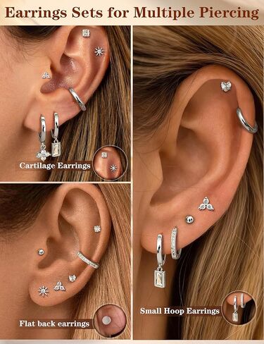 Florideco 20G Hypoallergenic Flat Back Earrings for Women Surgical Stainless Steel Cartilage Earring Sets Small Hoops Studs Trendy Earring Stack Set for Multiple Piercing in Kuwait
