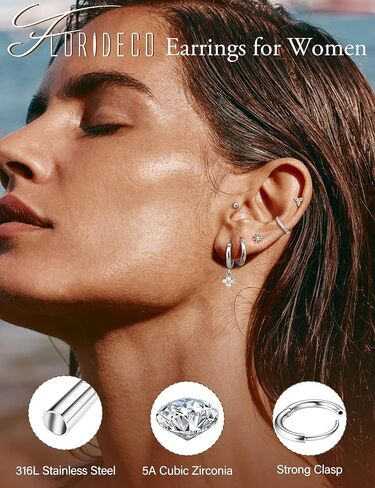 Florideco 20G Hypoallergenic Flat Back Earrings for Women Surgical Stainless Steel Cartilage Earring Sets Small Hoops Studs Trendy Earring Stack Set for Multiple Piercing in Kuwait