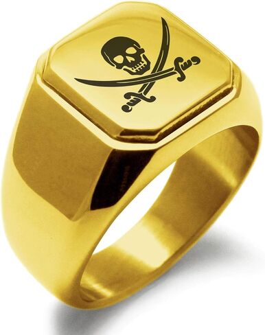 Stainless Steel Pirate Skull & Swords Square Flat Top Biker Style Polished Ring in Saudi Arabia