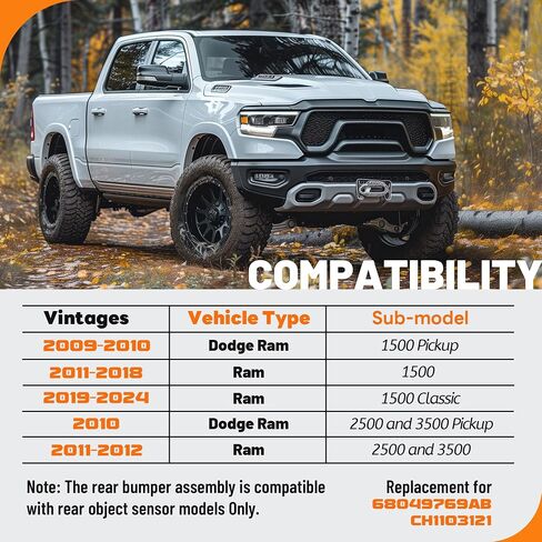 KUAFU Rear Bumper Assembly Compatible with 2009-2024 Dodge Ram 1500 Pickup Classic, 2010 2011 2012 Ram 2500 3500 Pickup CH1103121, 68049769AB W/Sensor Holes Steel+Plastic 2Packages Replacement Only in Saudi Arabia